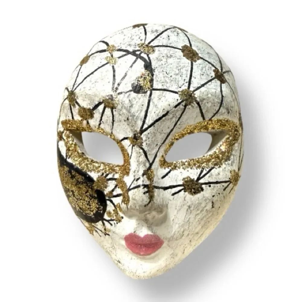 Hand-Painted Miniature Mask Brooch – Gold & Black Art Piece for Women